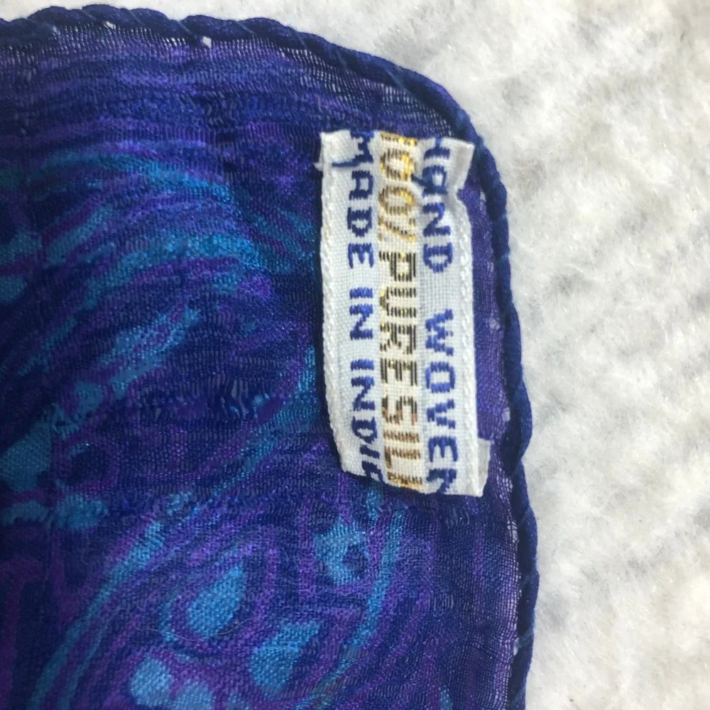 Vintage Hand Woven 100% Pure Silk Paisley Tie Dye Square Scarf Blue Pink 20x20